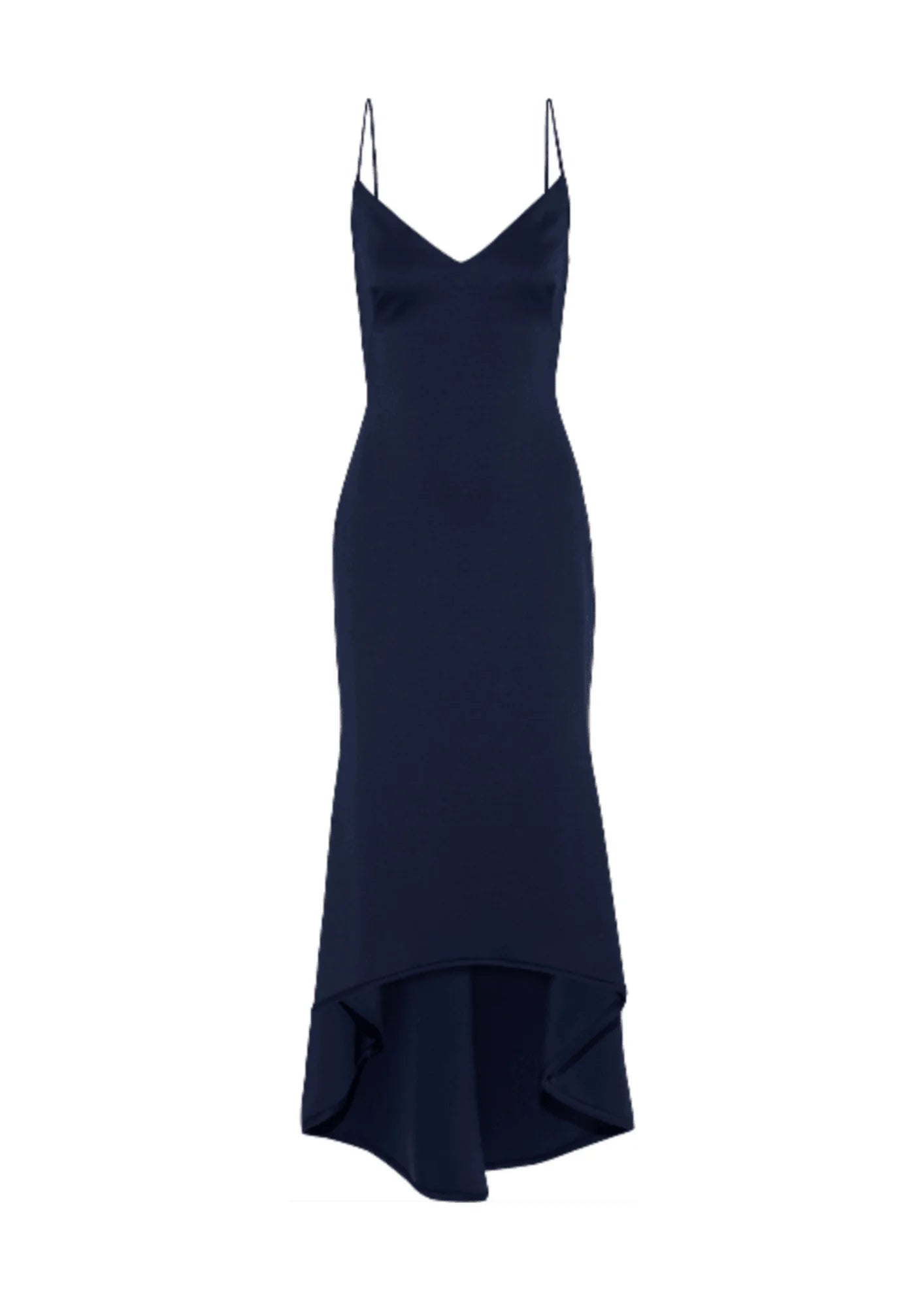 navy blue asymmetrical dress Distinctive Charm Navy Satin Asymmetrical Midi Dress