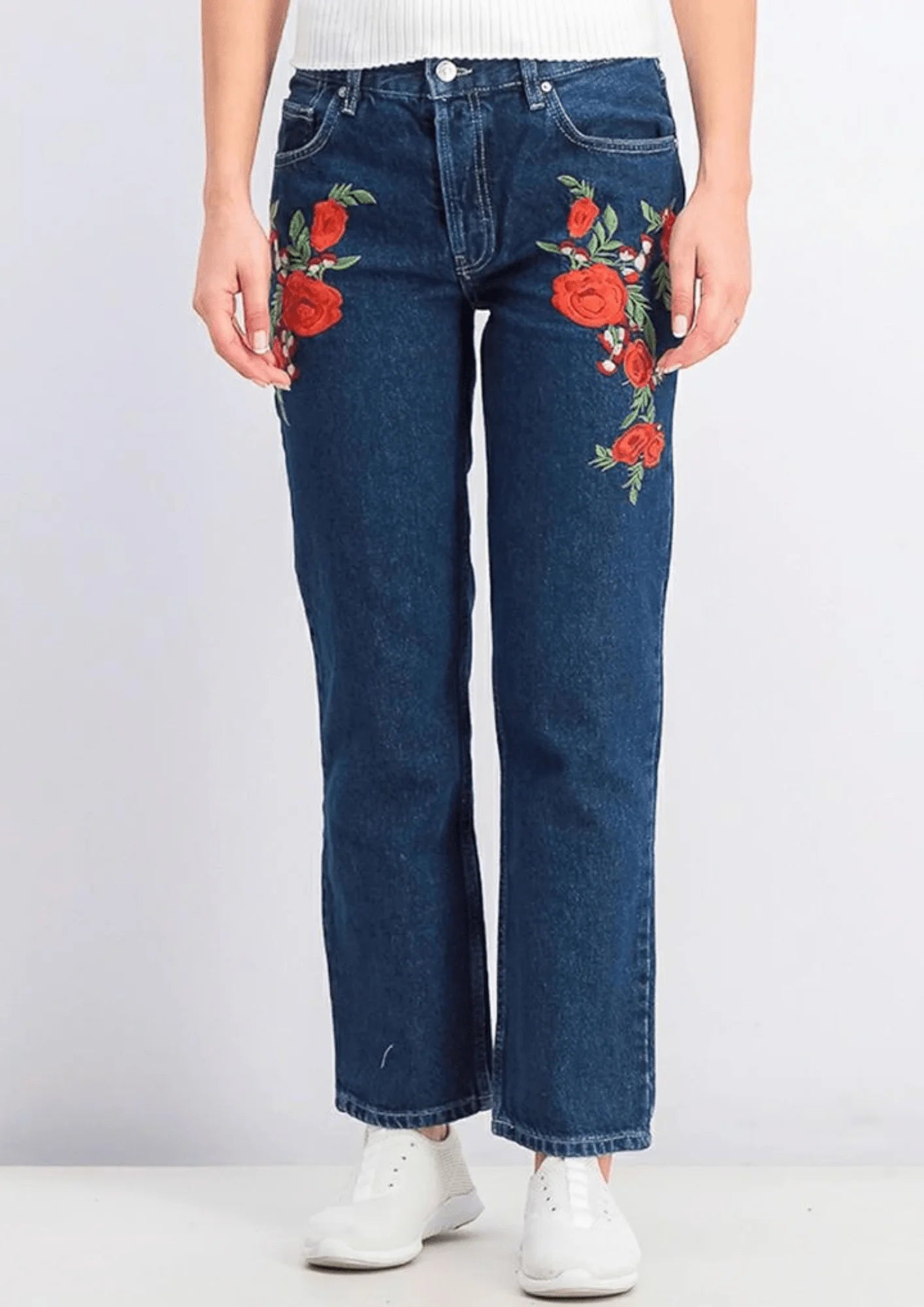 FLORAL EMBROIDERED DENIM TROUSERS