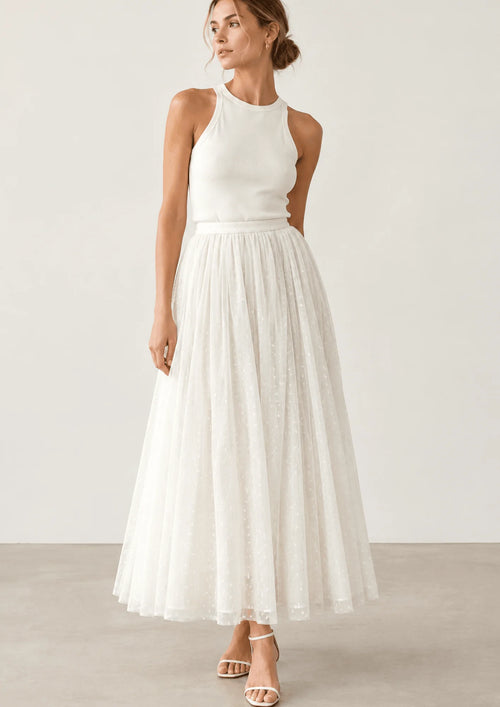 IVORY POLKA-DOT TULLE MIDI SKIRT