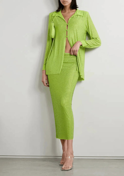 GREEN CRYSTAL-EMBELLISHED MESH SHIRT