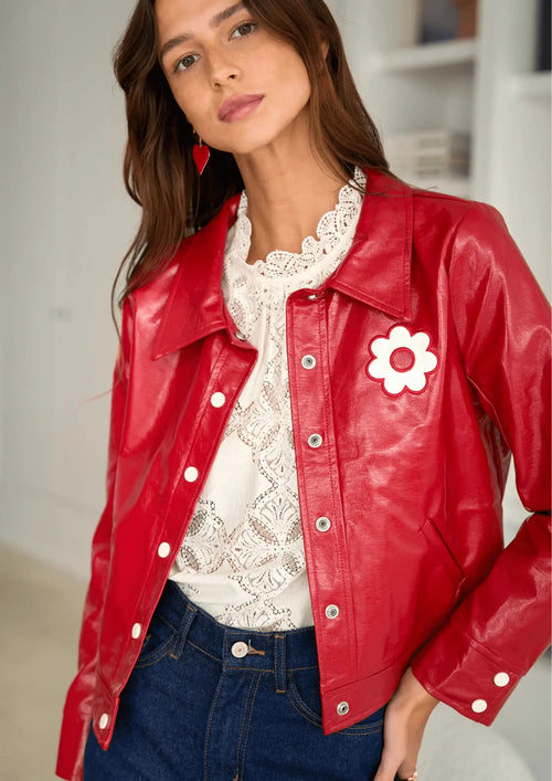 VESTE VINYLE ROUGE À FLEURS