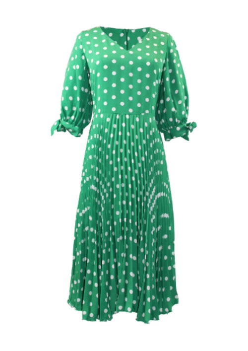GREEN V-NECK PLEATED DRESS