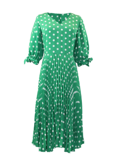 GREEN V-NECK PLEATED DRESS
