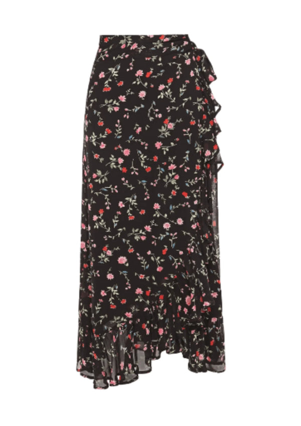 RUFFLED PRINTED MIDI WRAP SKIRT
