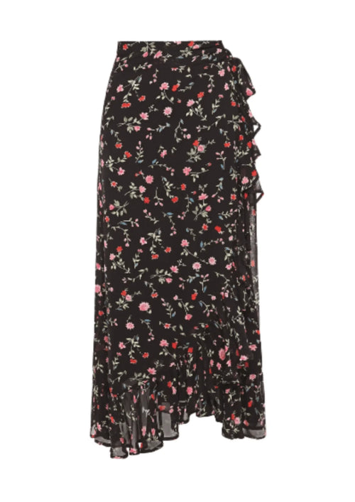 RUFFLED PRINTED MIDI WRAP SKIRT