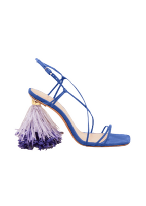 Sandales bleues à talons hauts avec pompom