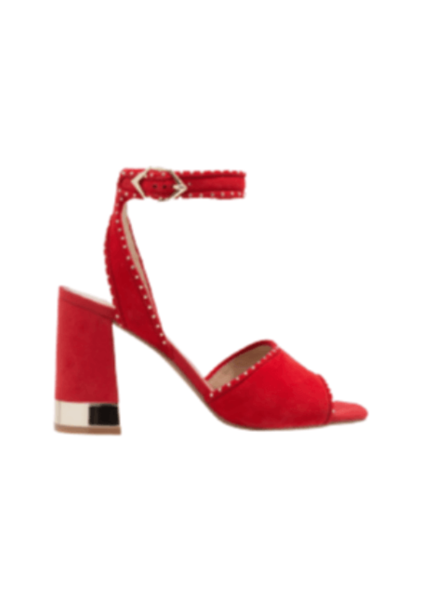 RED HIGH-HEELED SANDALS WITH RIVET DECOR