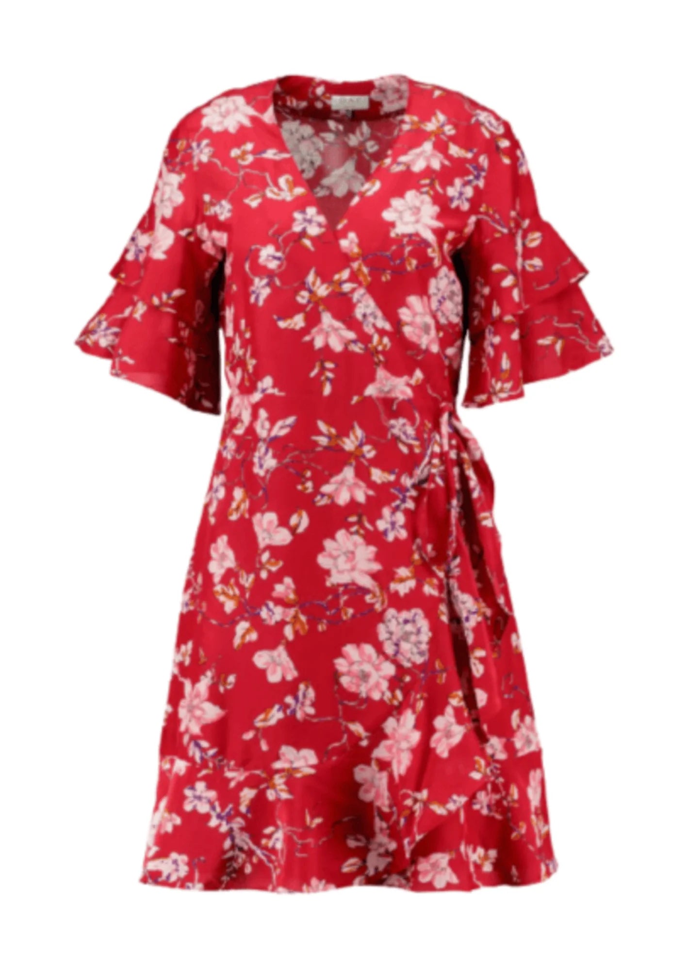 RED FLORAL WRAP-OVER DRESS