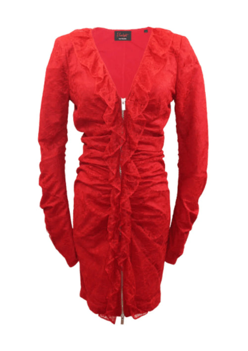 Robe en dentelle rouge avec zip argenté sur le devant