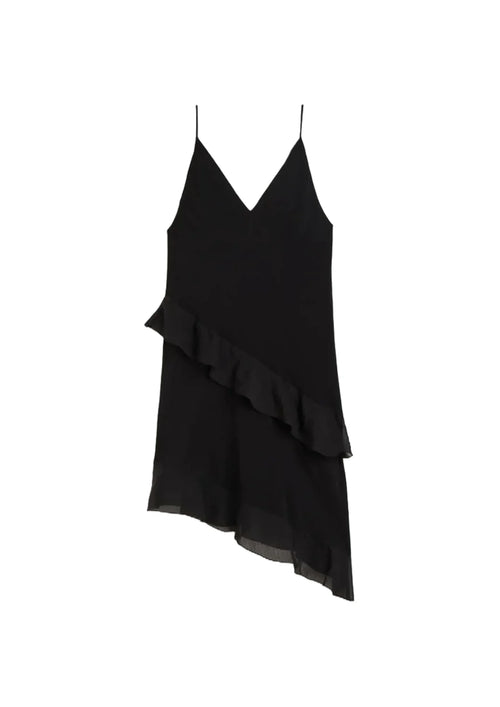 BLACK RUFFLED SATIN DRESS