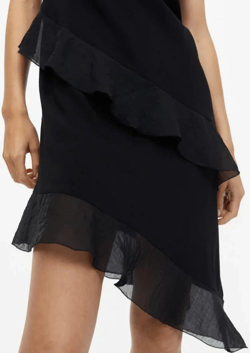BLACK RUFFLED SATIN DRESS