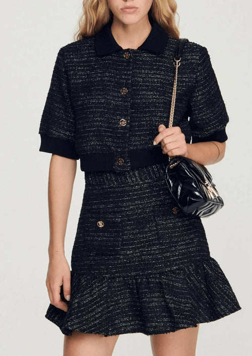 SCHWARZ GEKRÖPFTE TWEED JACKE