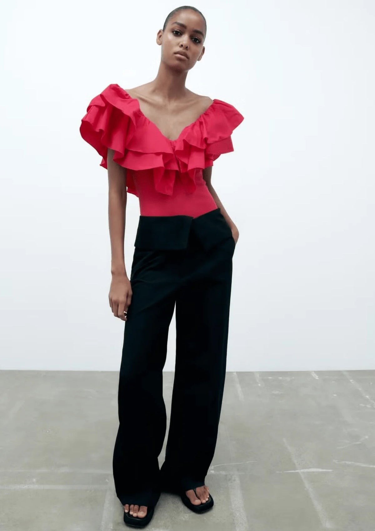 RED RUFFLED BODYSUIT