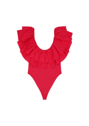 RED RUFFLED BODYSUIT