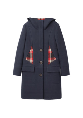 NAVY CHECKERED WOOL COAT