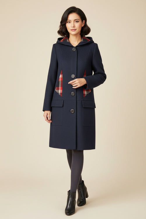 NAVY CHECKERED WOOL COAT