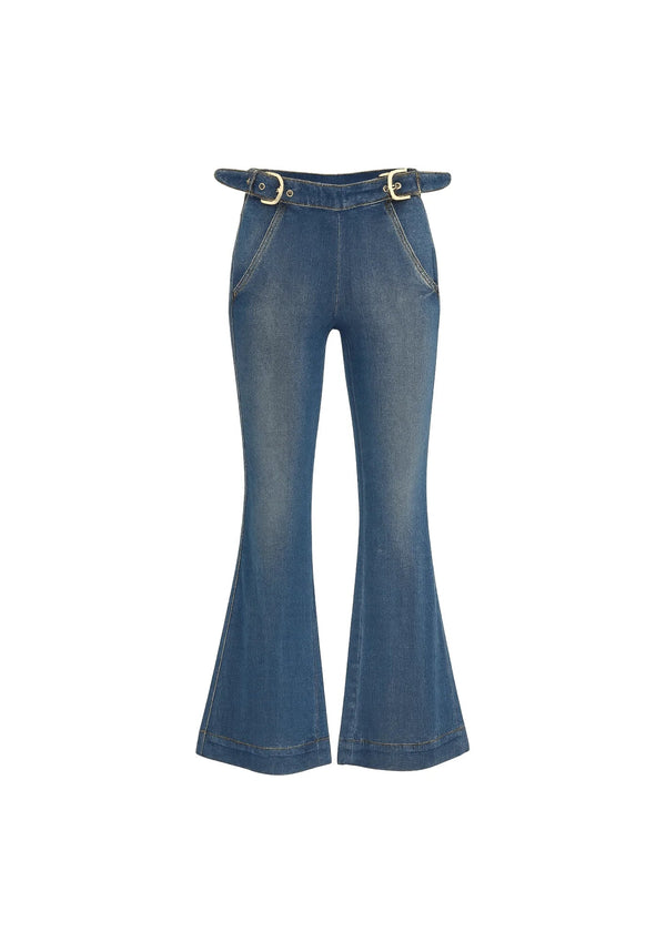 BUCKLE WAIST FLARED JEANS