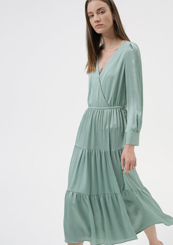 GREEN LONG RUFFLED DRESS