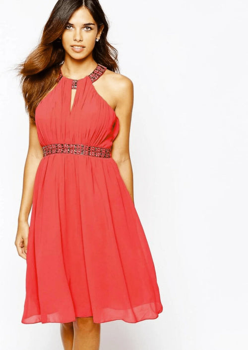 EMBELLISHED HALTER SKATER DRESS