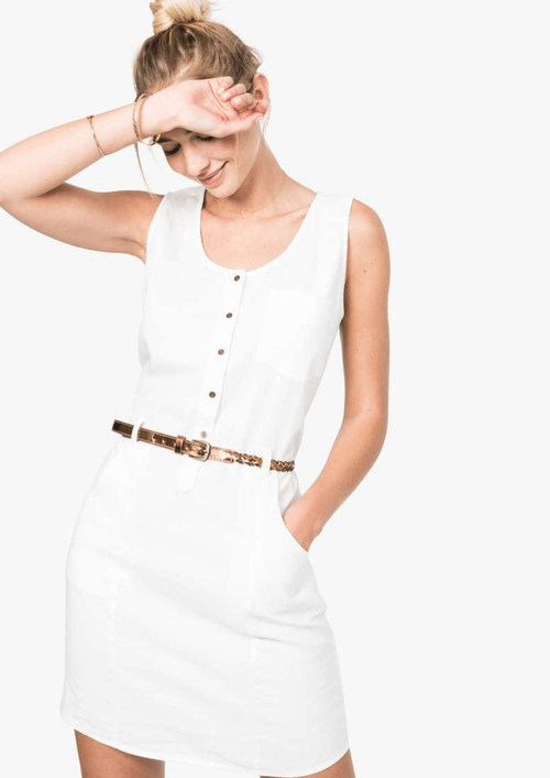 WHITE LINEN BELTED DRESS