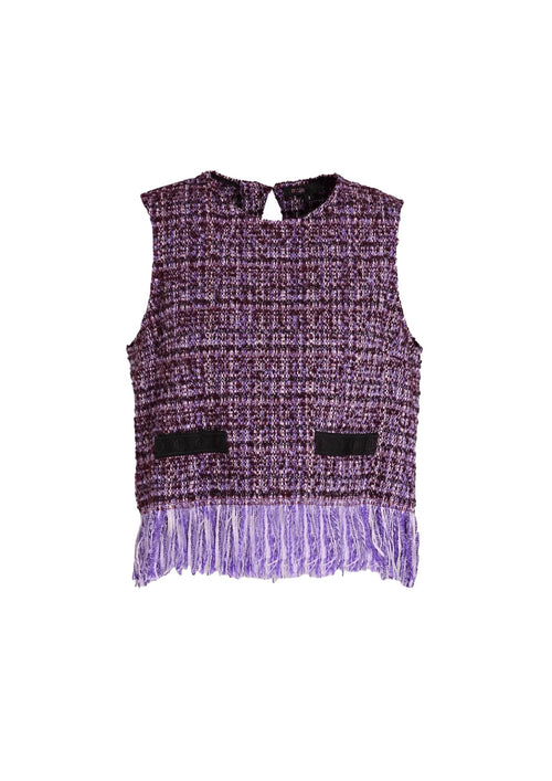 ÄRMELLOSES TWEED-TOP MIT FRANSEBESATZ