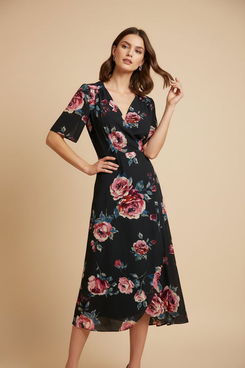 MULTICOLORED FLORAL WRAP DRESS