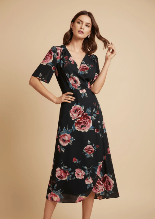 MULTICOLORED FLORAL WRAP DRESS