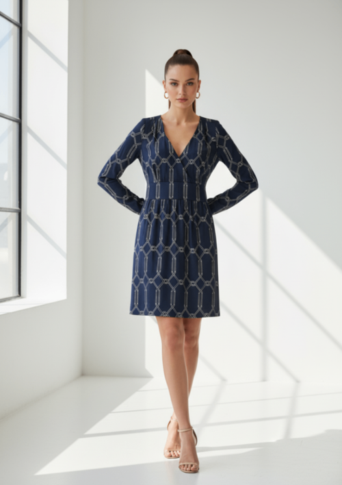 BLUE SILK LONG-SLEEVED DRESS