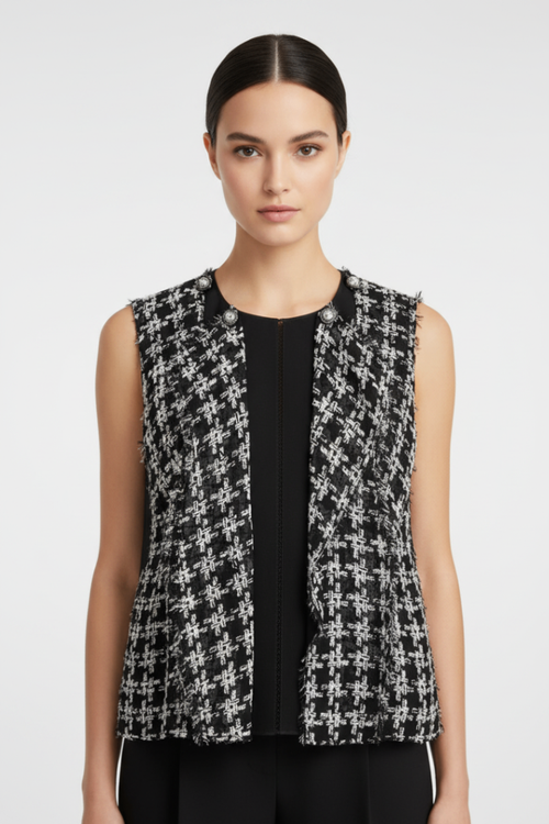 BLOUSE EN SOIE À VOLANTS MOTIF PIED-DE-POULE