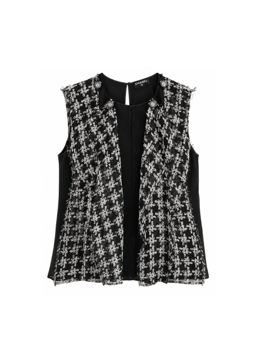 BLOUSE EN SOIE À VOLANTS MOTIF PIED-DE-POULE