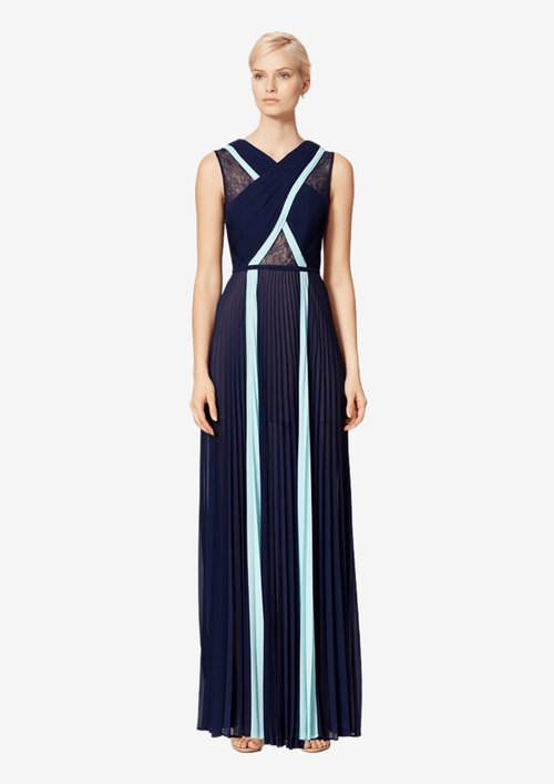 Robe longue BCBG 2 tons de bleu avec des accents bleu clair