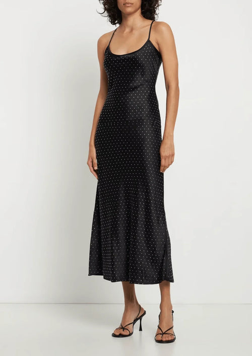 EMBELLISHED SATIN MIDI DRESS