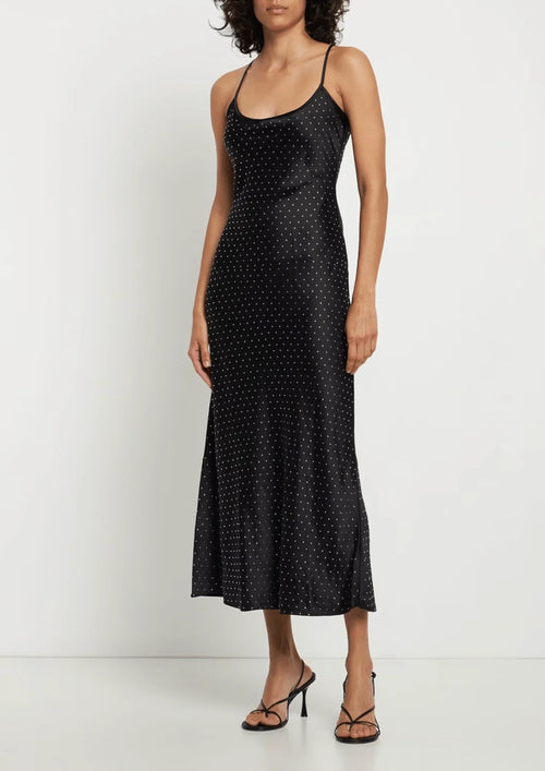 EMBELLISHED SATIN MIDI DRESS