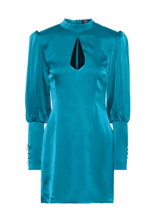 TURQUOISE SATIN-CREPE MINI DRESS