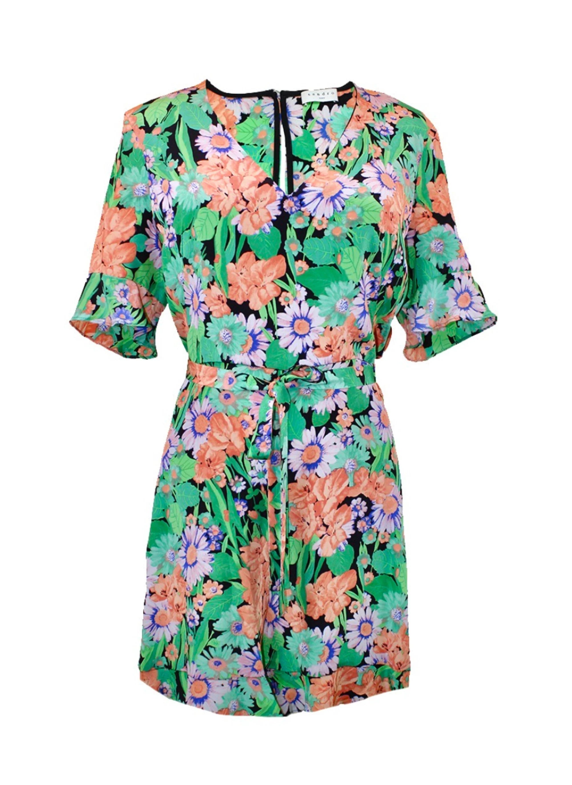 GREEN SILK PLAYSUIT WITH FLORAL PATTERN
