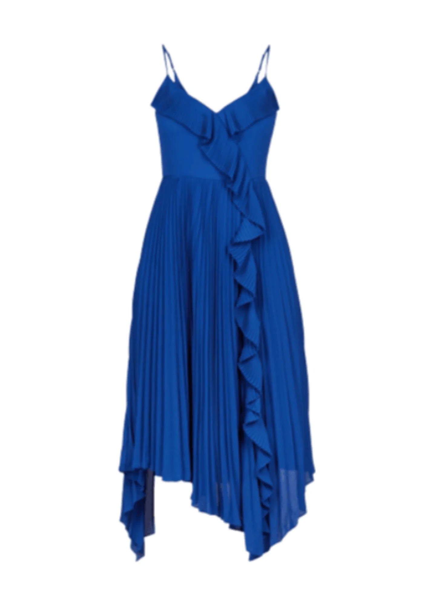 BLUE PLEATED DRESS WITH VOLANTS