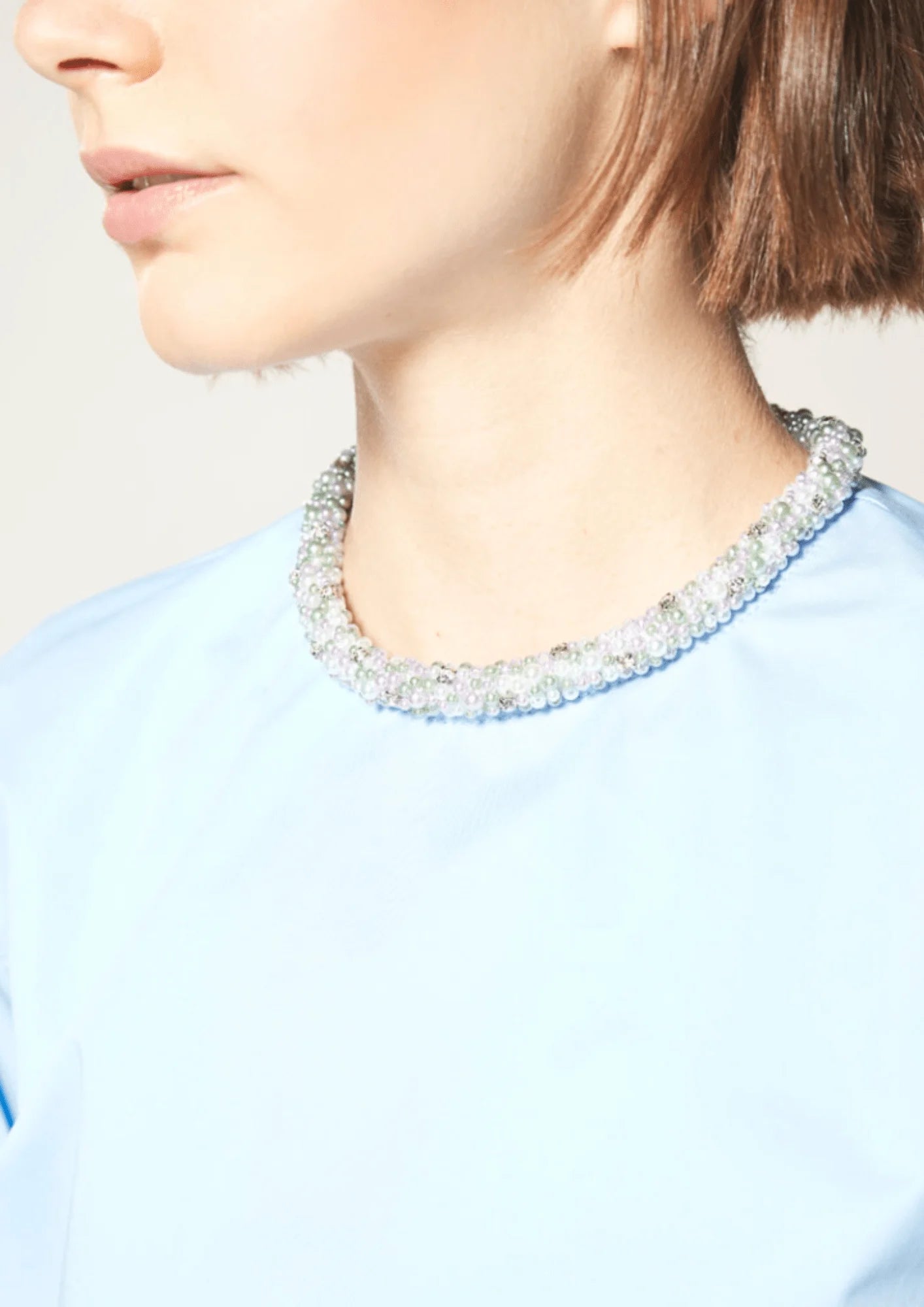 LIGHT BLUE TOP WITH DECORATIVE PEARLS