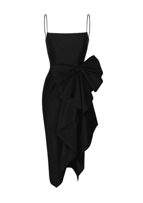 BLACK DRAPED BOW MIDI DRESS