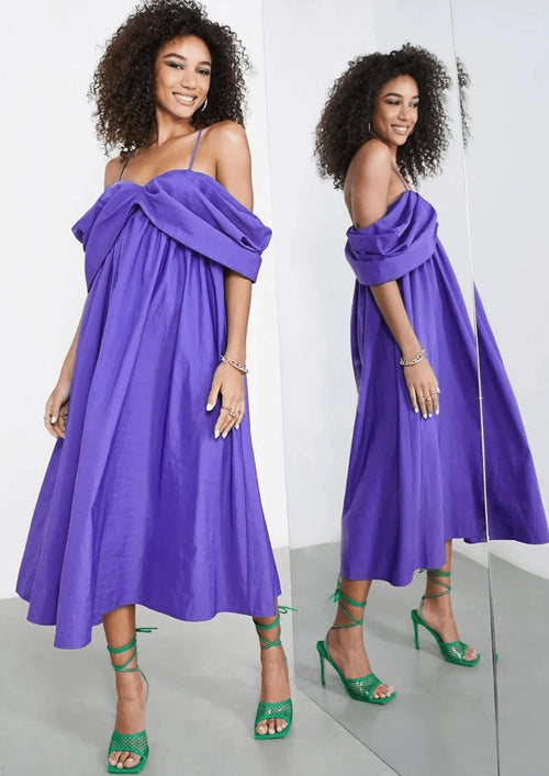 PURPLE OFF-SHOULDER MIDI DRESS
