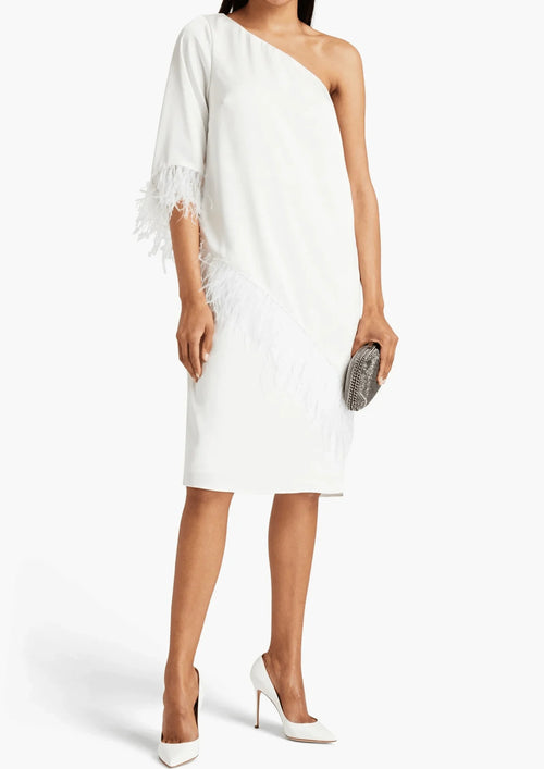 ONE-SHOULDER FEATHER-TRIMMED DRESS