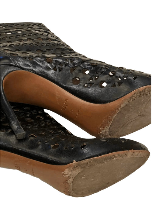 BLACK OPENWORK LEATHER BOOTS