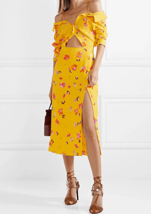 Gelbe florale MIDI -Kleid
