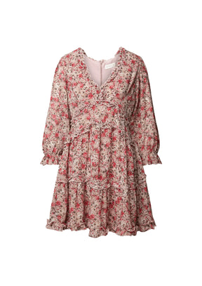 ROSA KLEID MIT BLUMENMUSTER UND RÜSCHEN