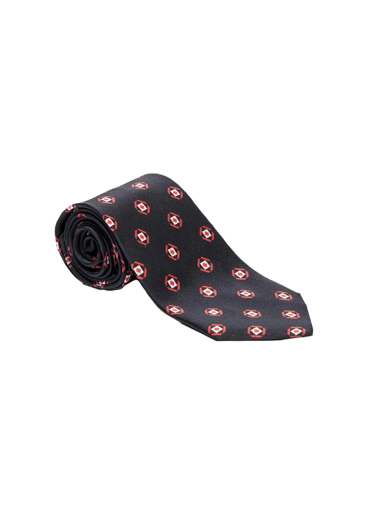 BLACK SILK TIE WITH RED AND WHITE PATTERN