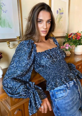 BLUE GENEVIEVE RUFFLED TOP