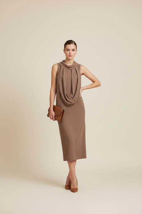BRAUNES KLEID MIT MAXIKALSKRAGEN