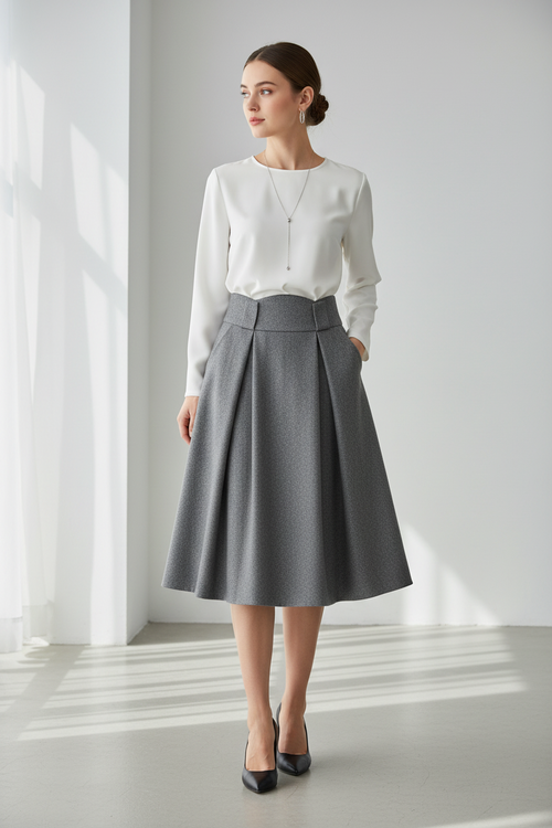 GREY WOOL HIGH-WAIST MIDI SKIRT