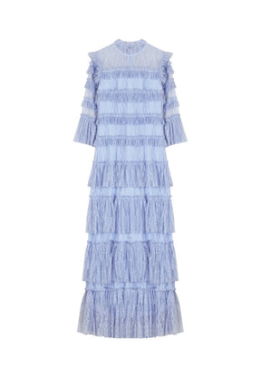 LAVENDER BLUE LONG DRESS LACE AND FRILLS