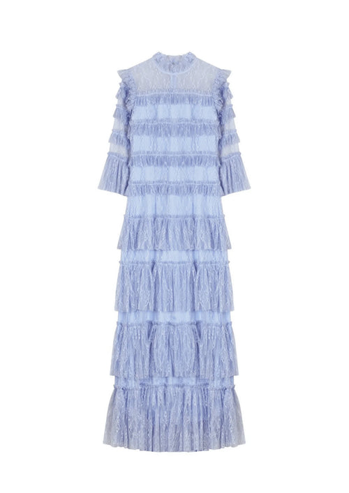 LAVENDER BLUE LONG DRESS LACE AND FRILLS
