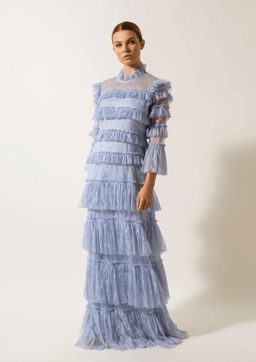 LAVENDER BLUE LONG DRESS LACE AND FRILLS